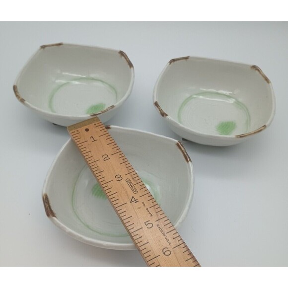 Vintage Japanese Glazed Footed Bowls Dish Set of 3 Art Pottery Zen Swirl - Picture 2 of 7